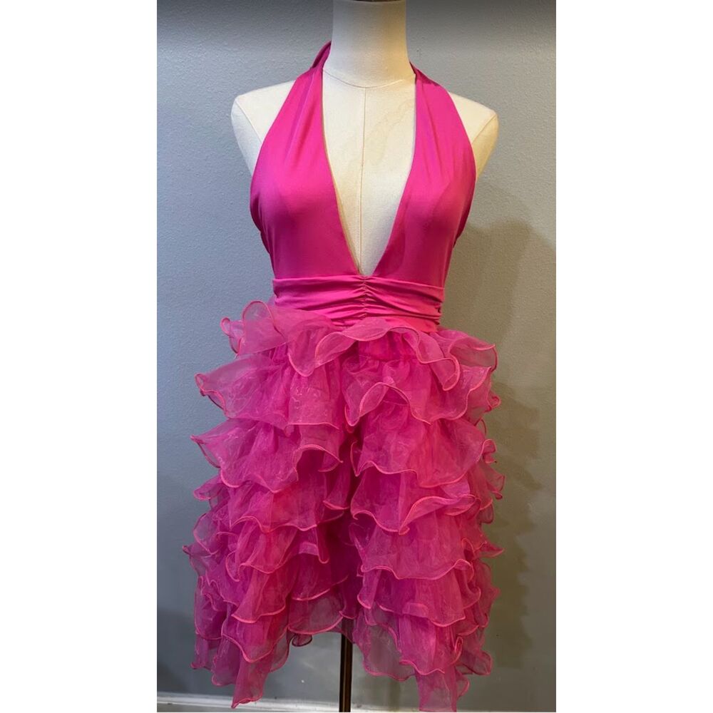 Loragal hot pink halter ruffle mini dress